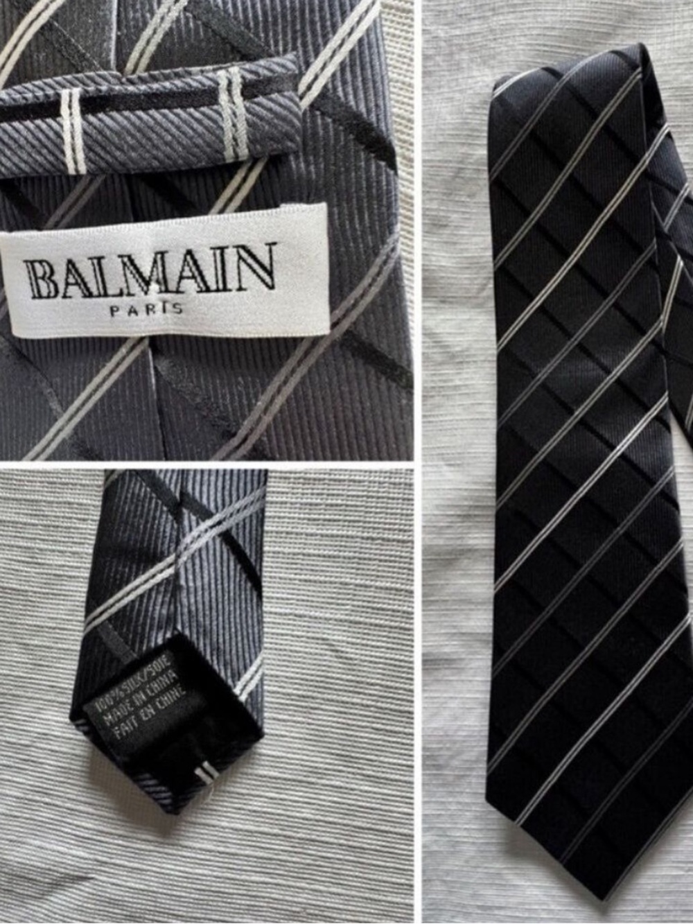 Balmain Silk Tie Black and Gray Striped Silk Tie